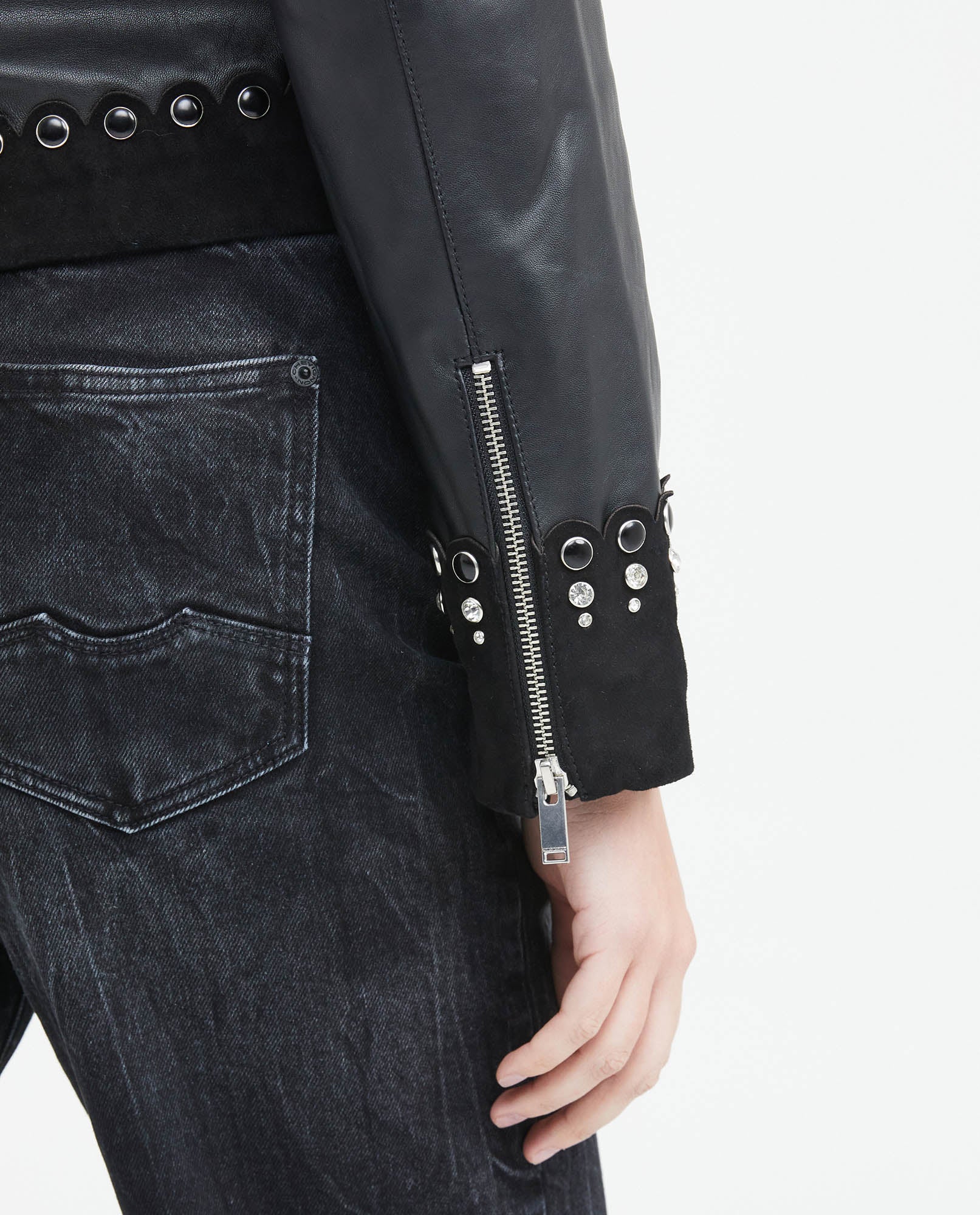 Women's Crop Lambskin Jacket Branded Zipper Studded Berry Trim Suede Cuffs - 7