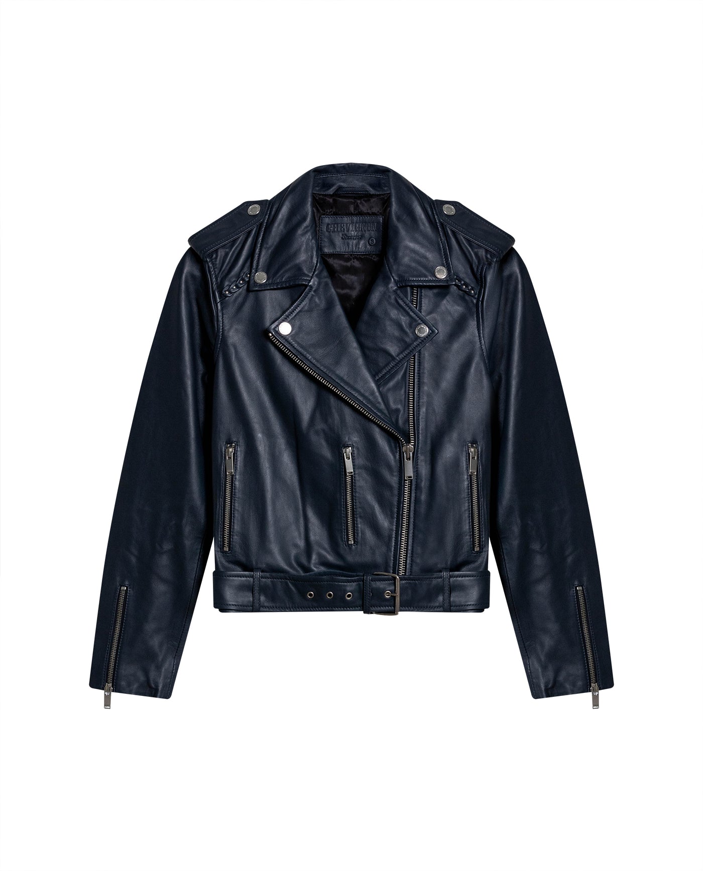 Women's Lambskin Biker Jacket Belted Braided Detail - 1
