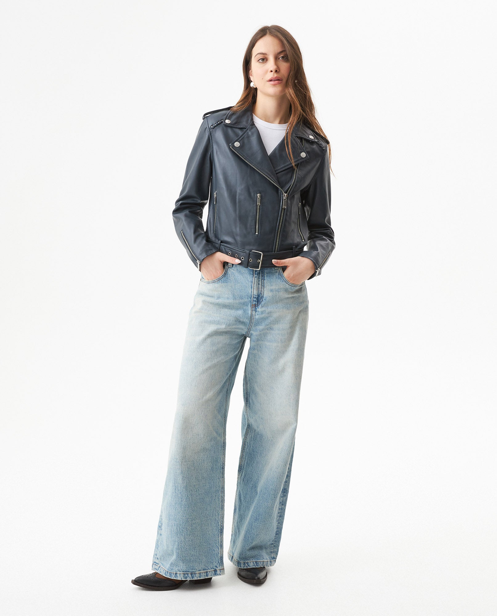 Women's Lambskin Biker Jacket Belted Braided Detail - 3