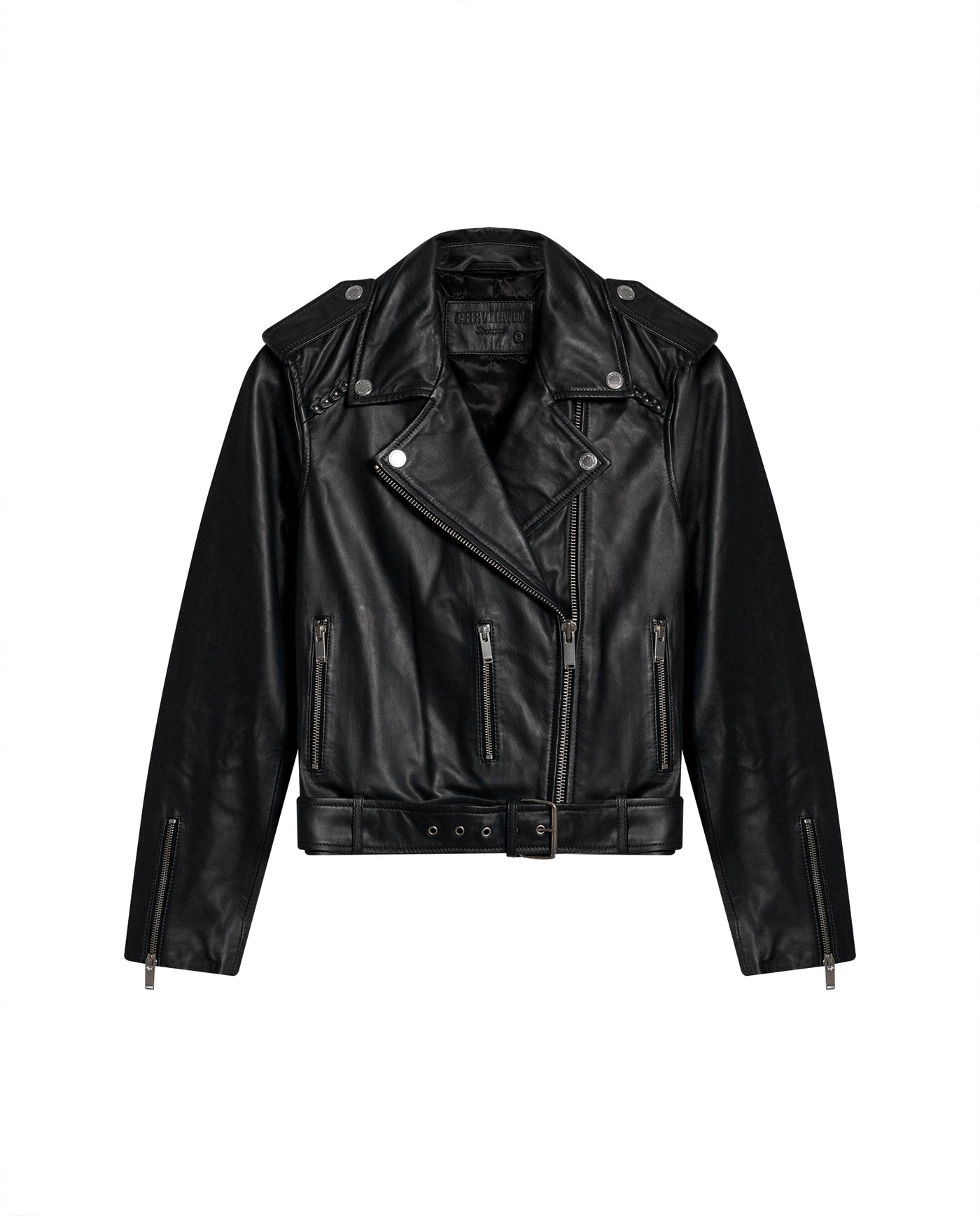 Women's Lambskin Biker Jacket Belted Braided Detail - 1