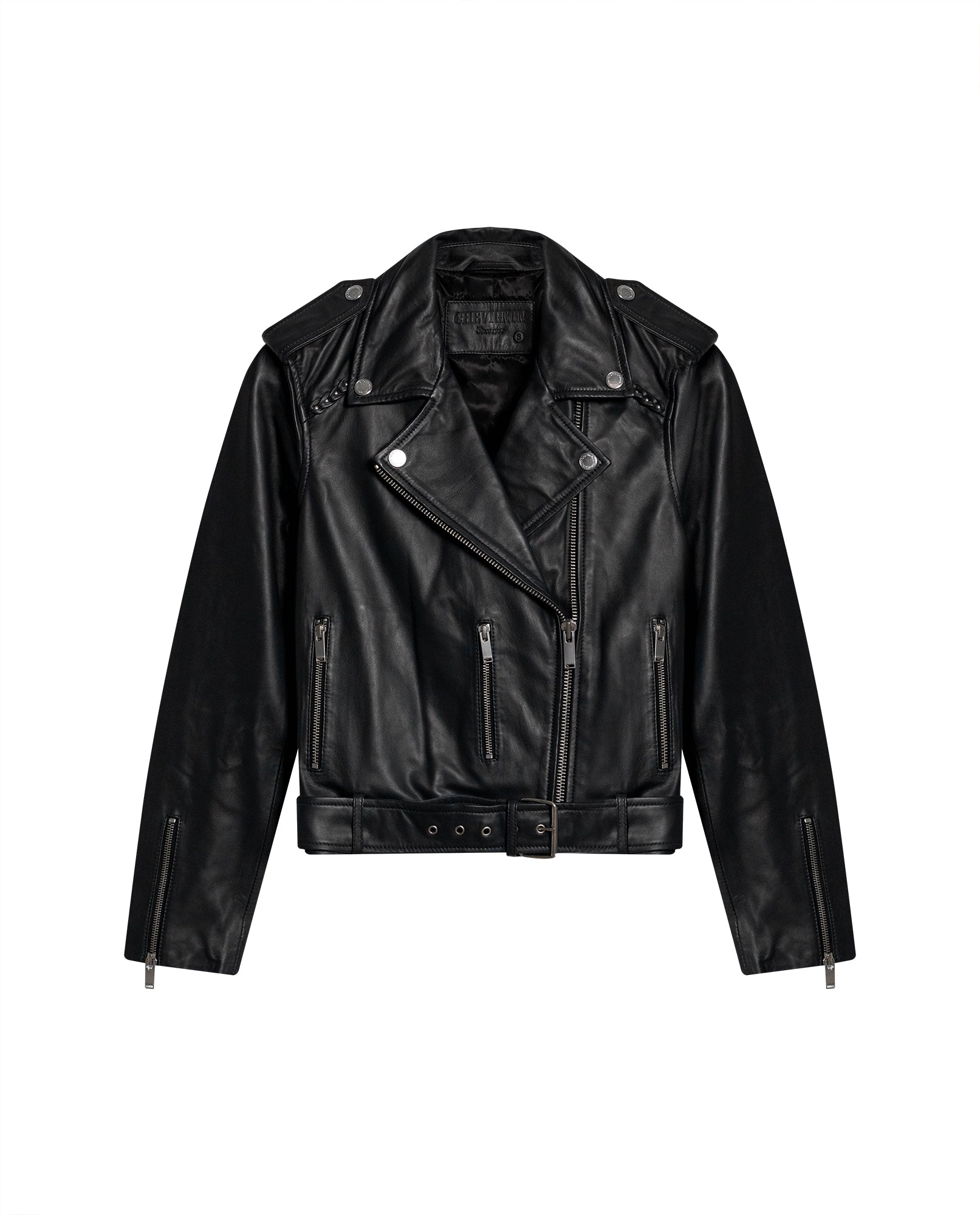 Women's Lambskin Biker Jacket Belted Braided Detail - 1