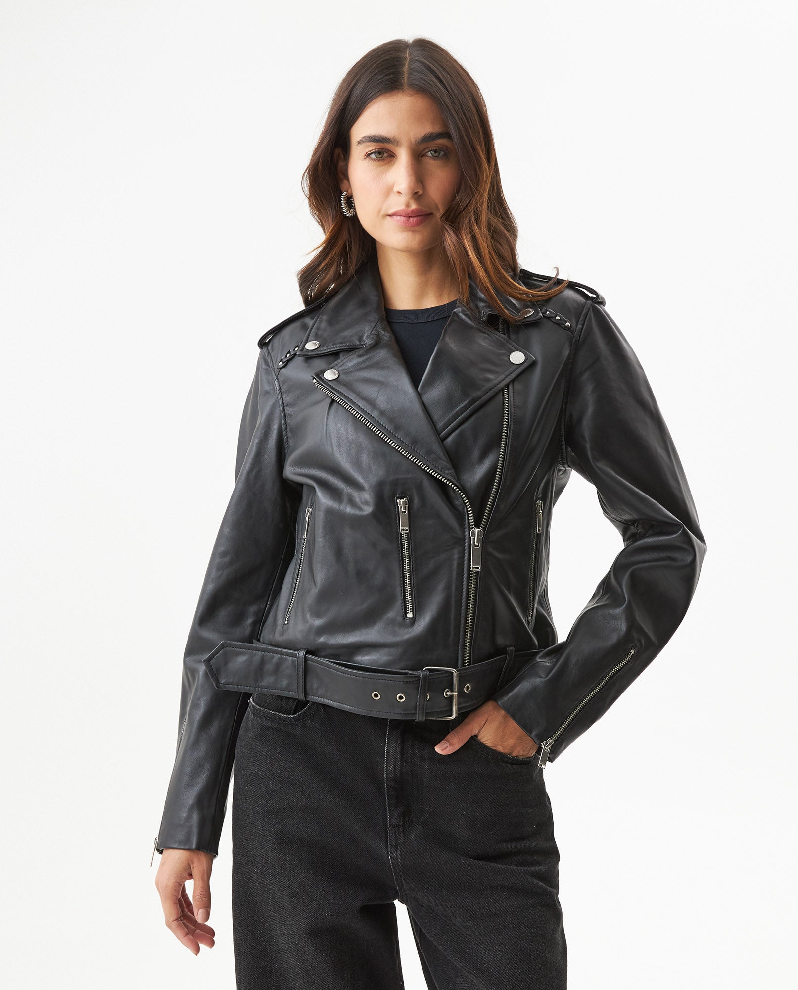 Women's Lambskin Biker Jacket Belted Braided Detail - 2