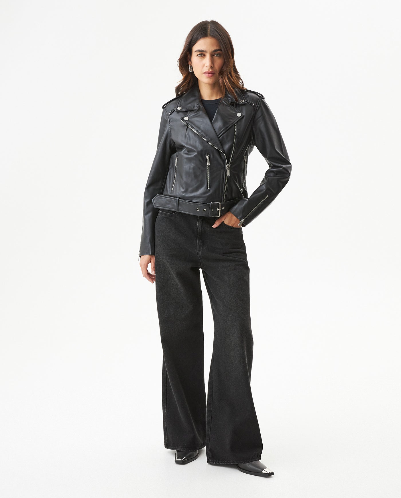 Women's Lambskin Biker Jacket Belted Braided Detail - 3