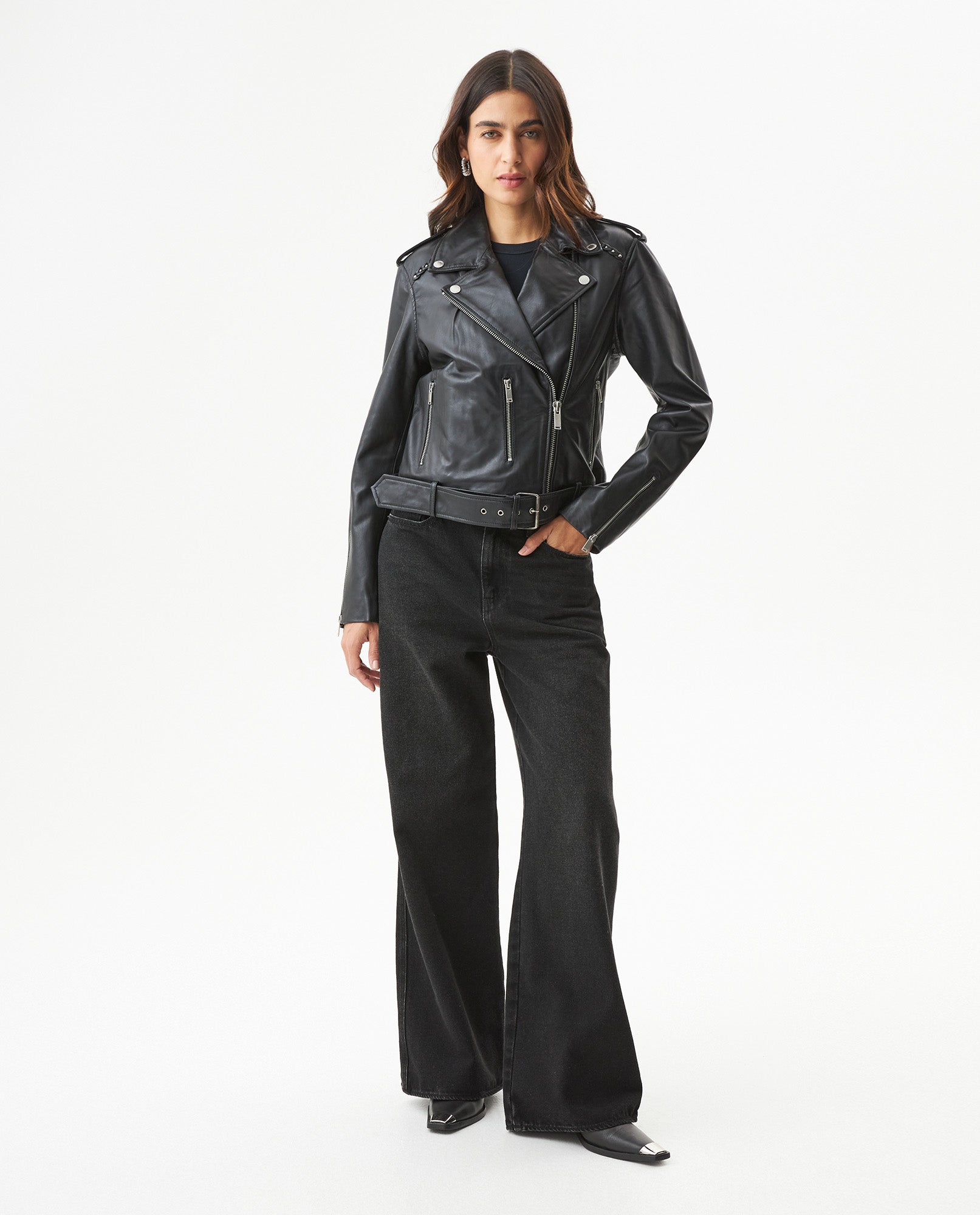 Women's Lambskin Biker Jacket Belted Braided Detail - 3