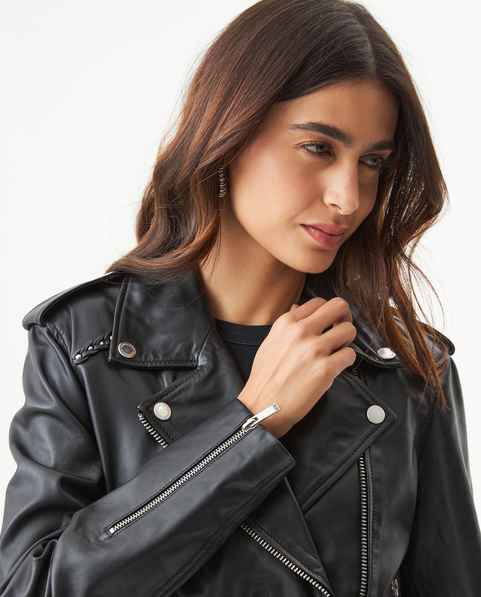 Women's Lambskin Biker Jacket Belted Braided Detail - 4