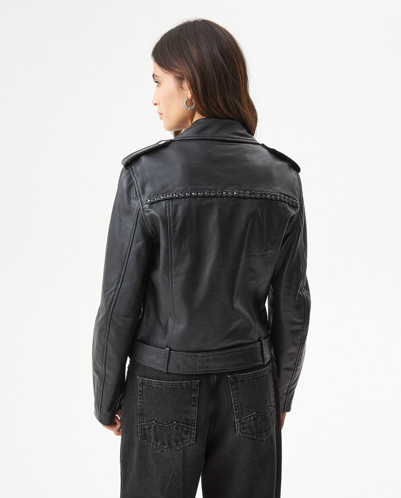 Women's Lambskin Biker Jacket Belted Braided Detail - 5