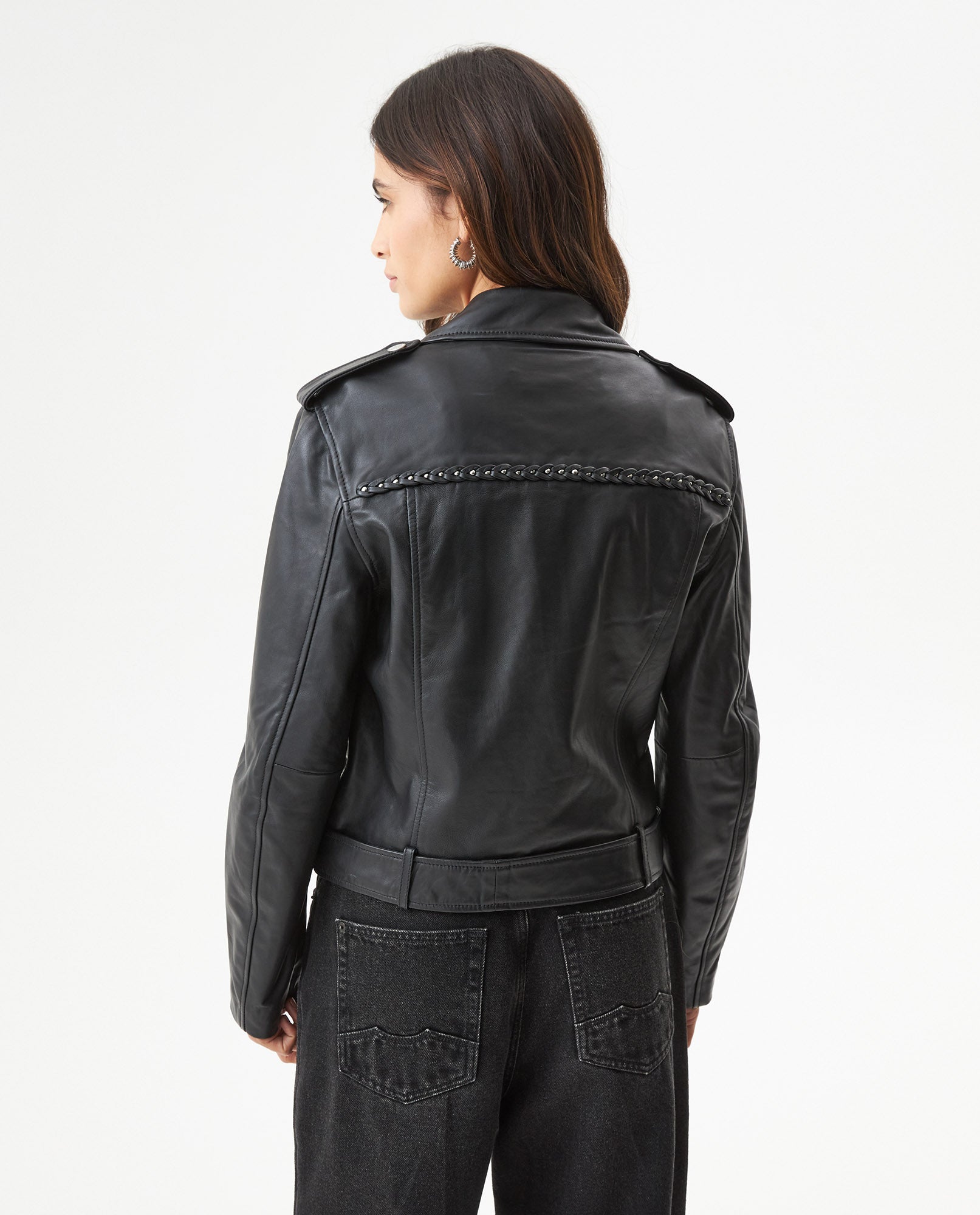 Women's Lambskin Biker Jacket Belted Braided Detail - 5