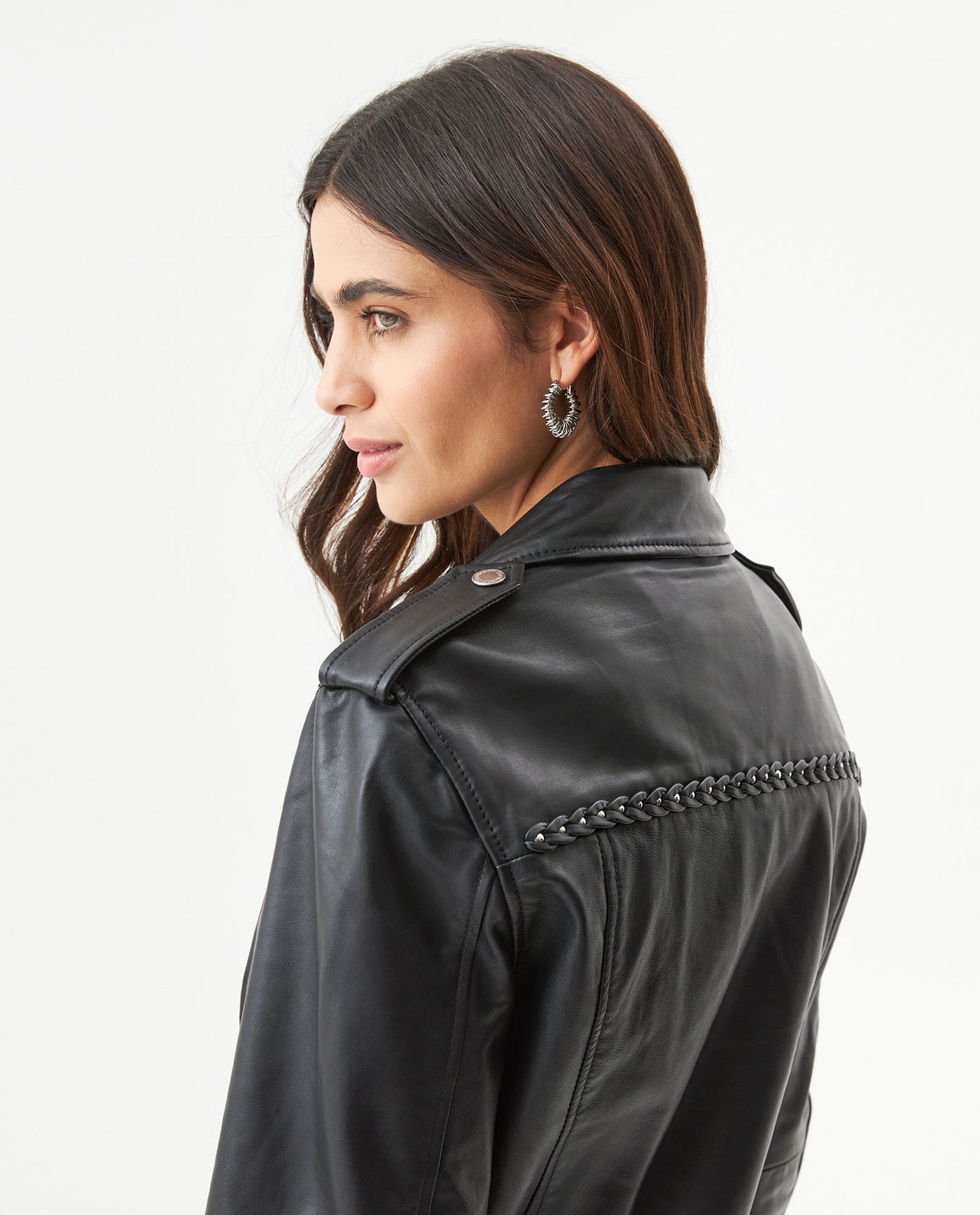 Women's Lambskin Biker Jacket Belted Braided Detail - 6
