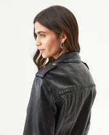 Women's Lambskin Biker Jacket Belted Braided Detail - 6