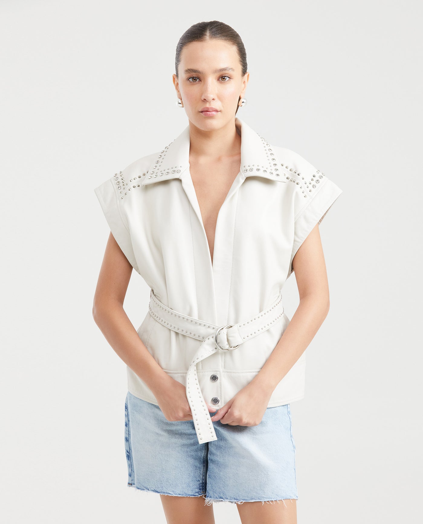 Women's Long Studded Vest Belted Lambskin - 1