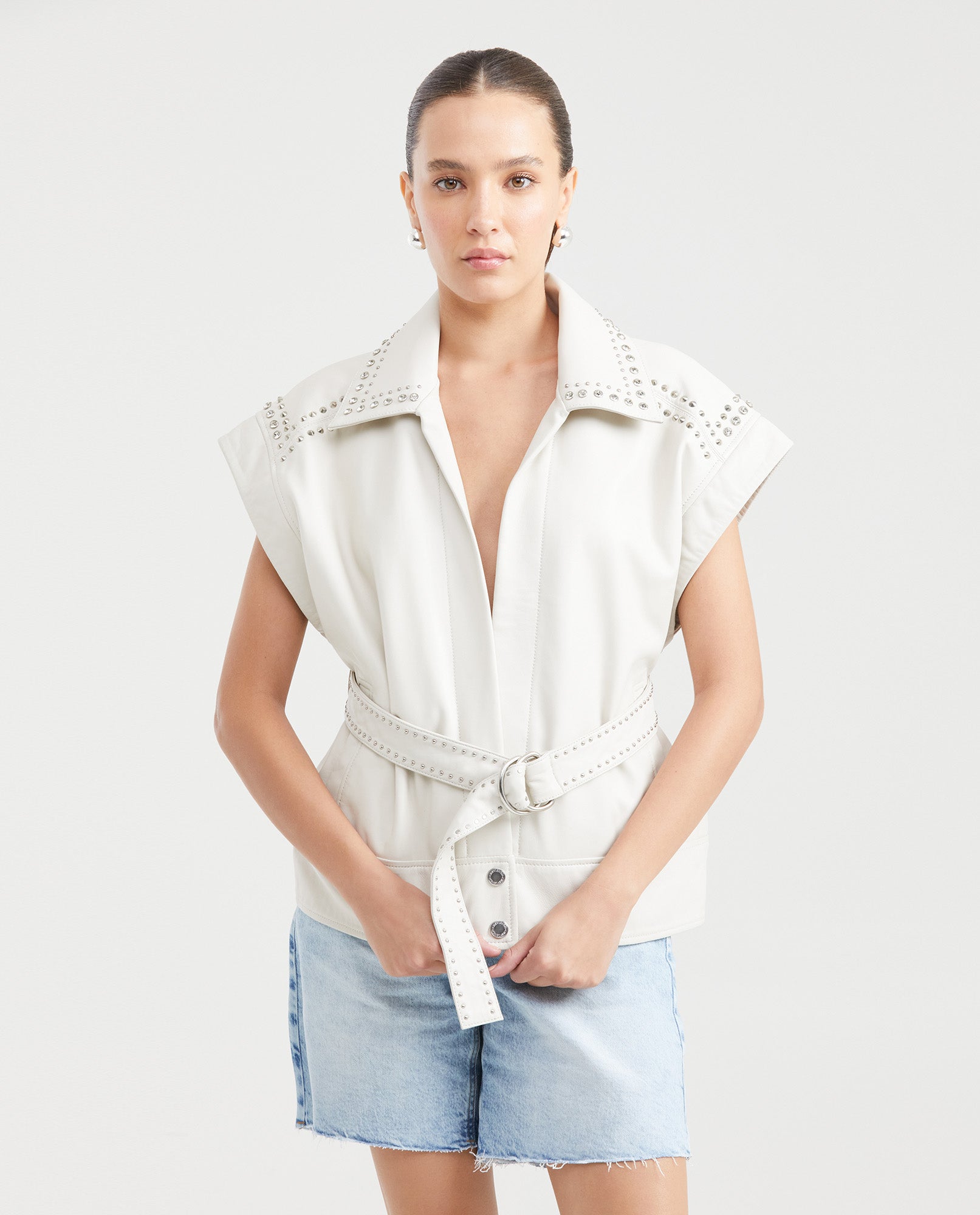 Women's Long Studded Vest Belted Lambskin - 1