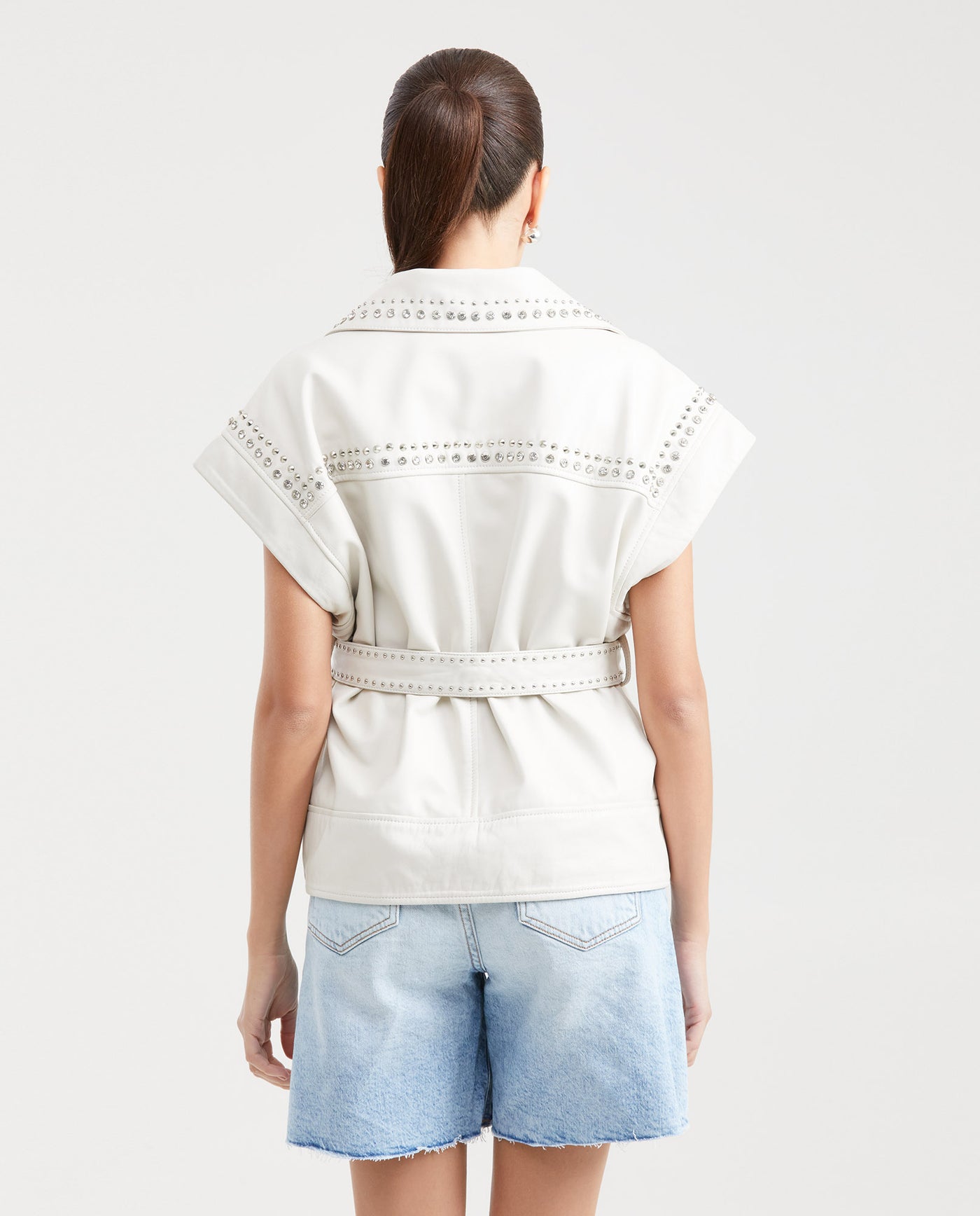 Women's Long Studded Vest Belted Lambskin - 4