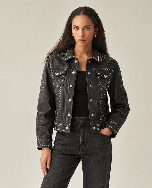 Womens Trucker Jacket with Embellisment - Black 63_727G401_NEG194007_1