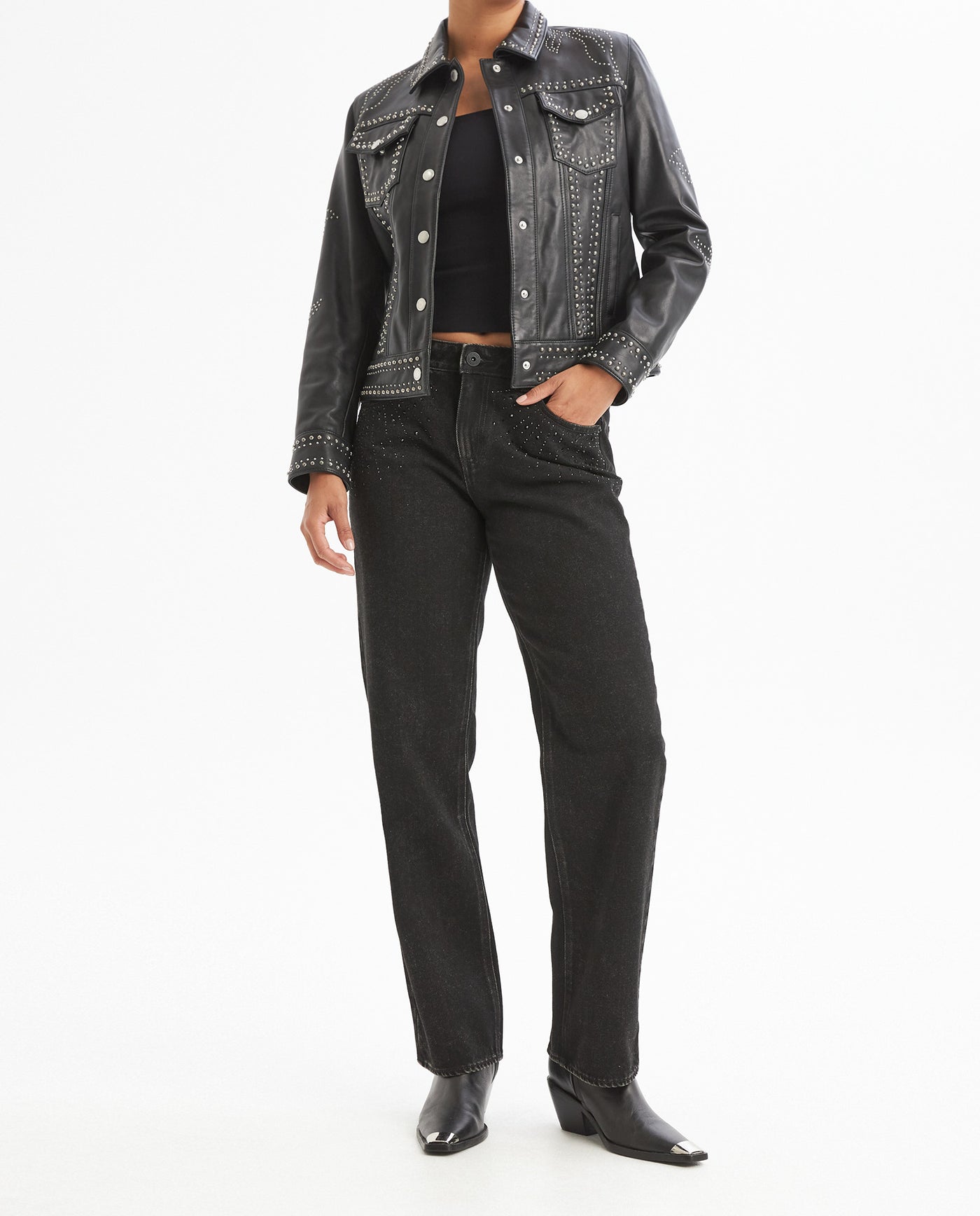 Womens Trucker Jacket with Embellisment - Black 63_727G401_NEG194007_4