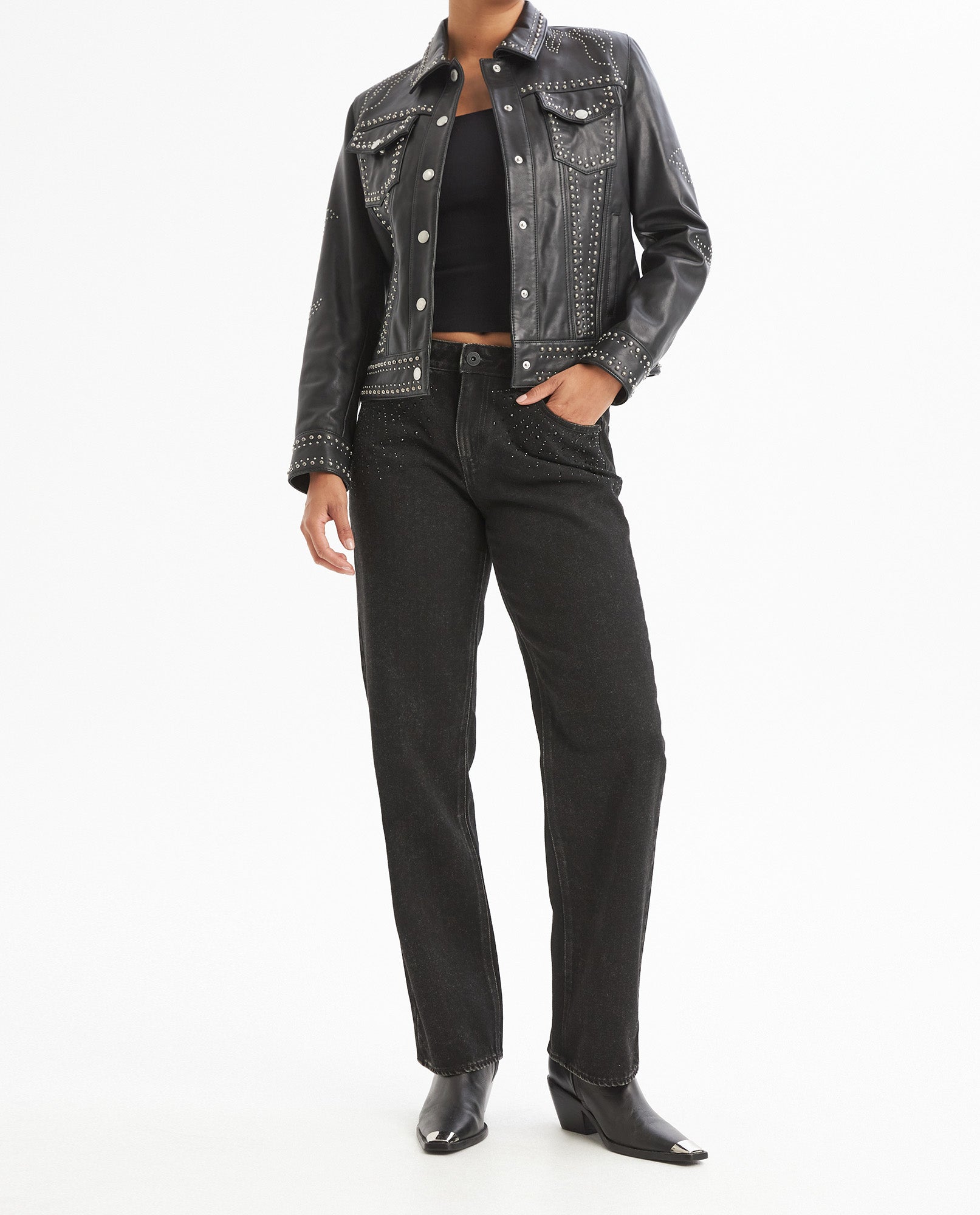 Womens Trucker Jacket with Embellisment - Black 63_727G401_NEG194007_4