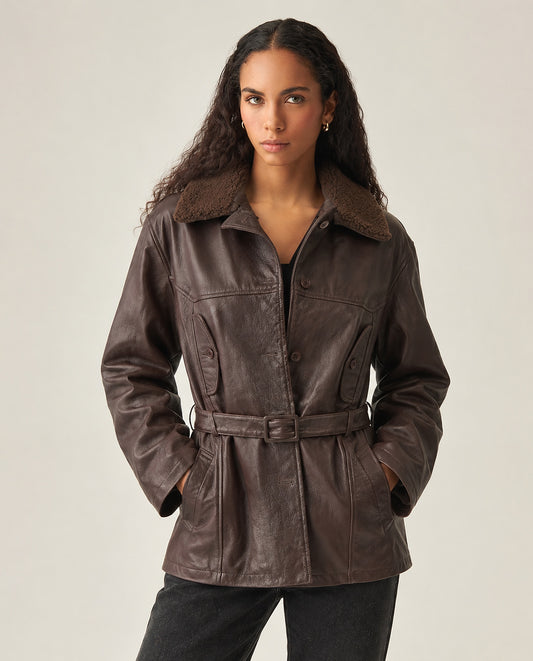 Women's Leather Jacket with Belt - Brown 63_727G408_CAF191314_1