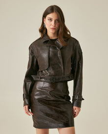 Womens Cropped Leather Trench Jacket - Brown 63_727H202_CAF181033_0