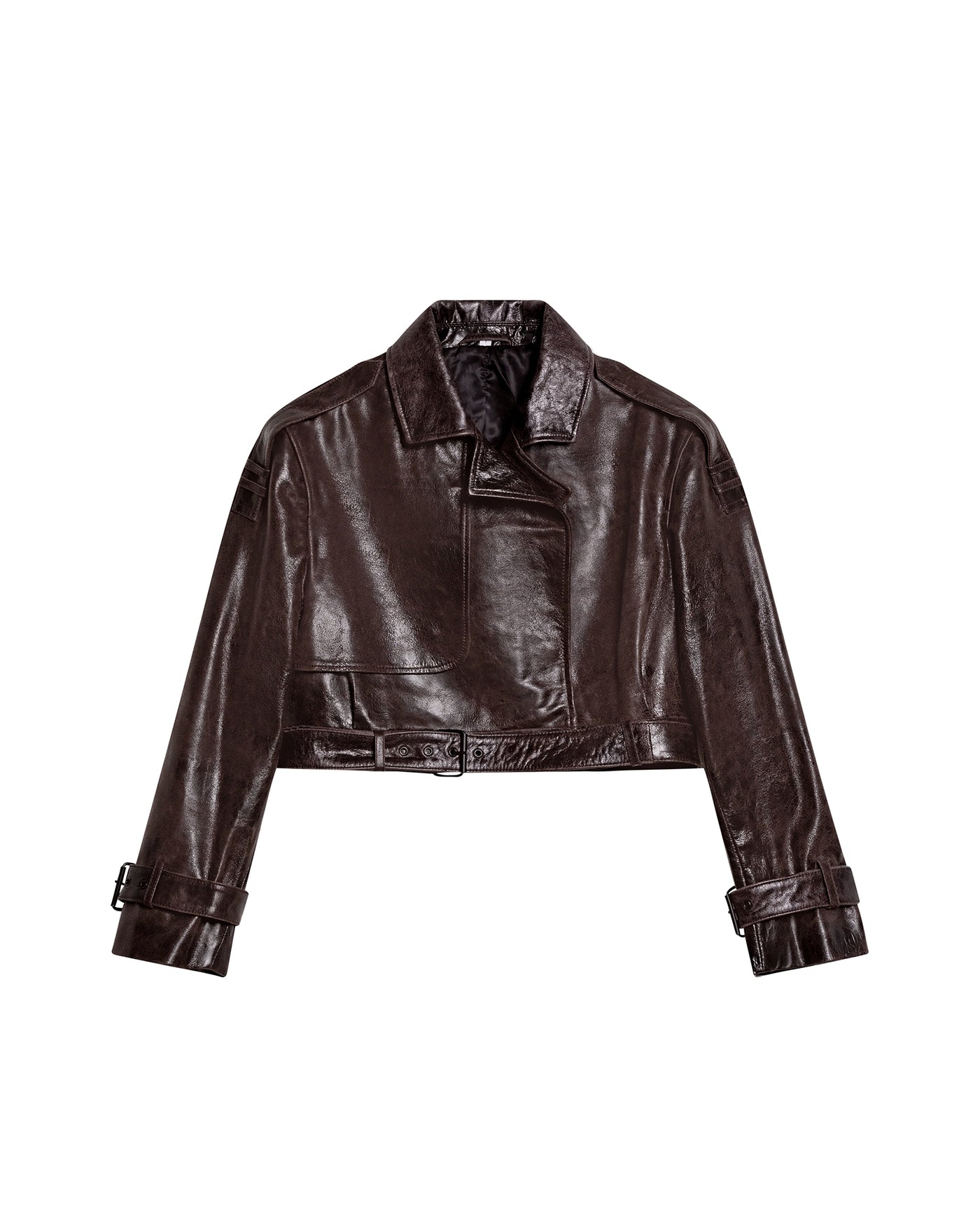 Womens Cropped Leather Trench Jacket - Brown 63_727H202_CAF181033_3