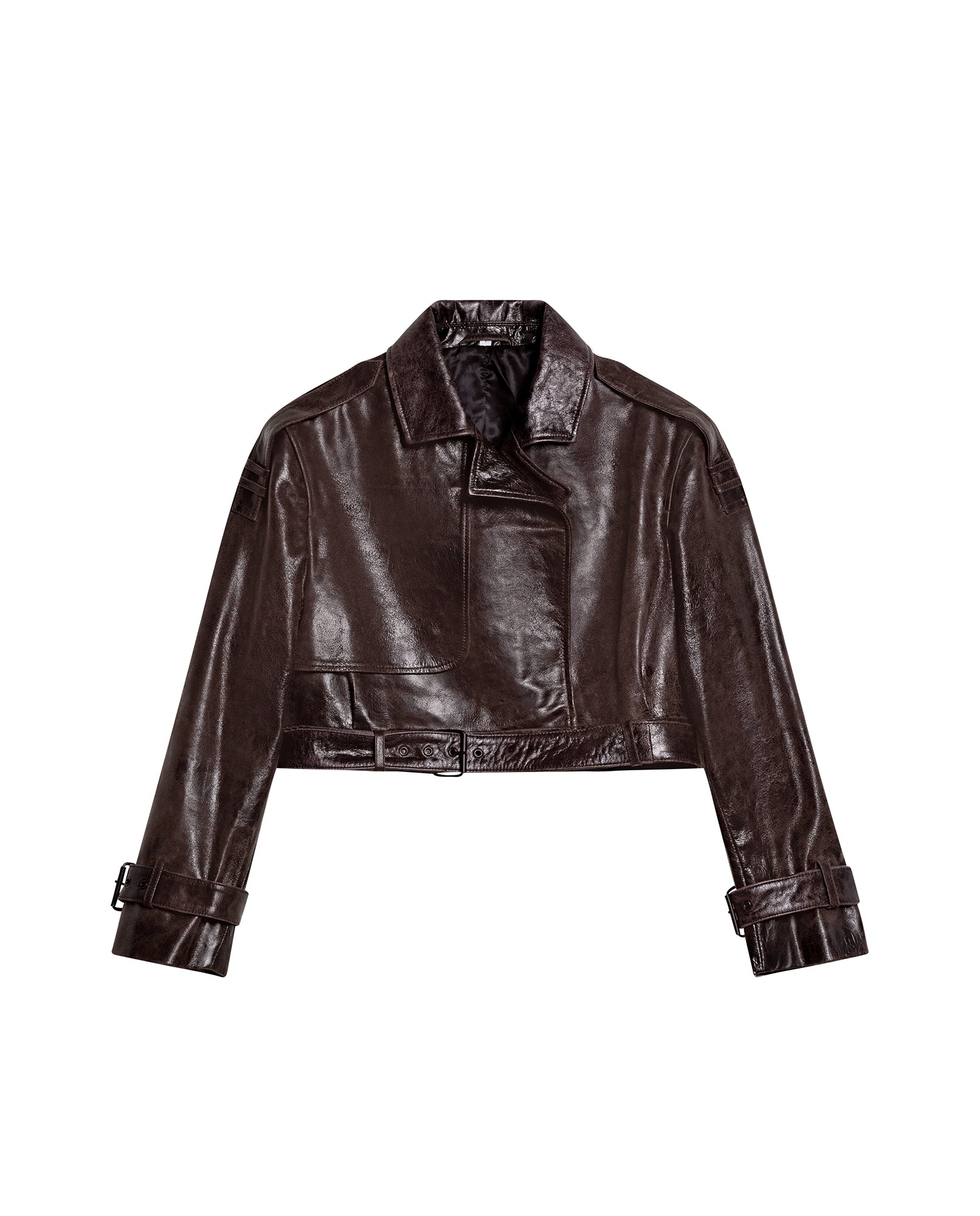 Womens Cropped Leather Trench Jacket - Brown 63_727H202_CAF181033_3