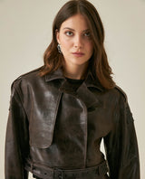Womens Cropped Leather Trench Jacket - Brown 63_727H202_CAF181033_5