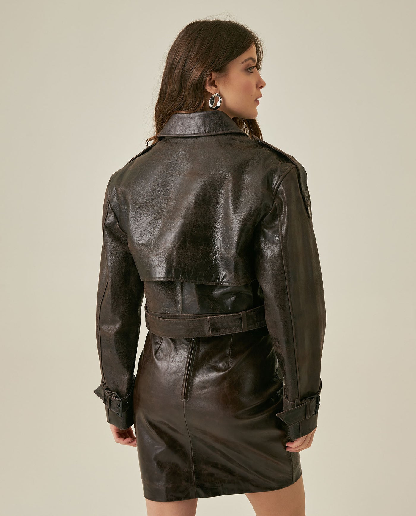 Womens Cropped Leather Trench Jacket - Brown 63_727H202_CAF181033_6