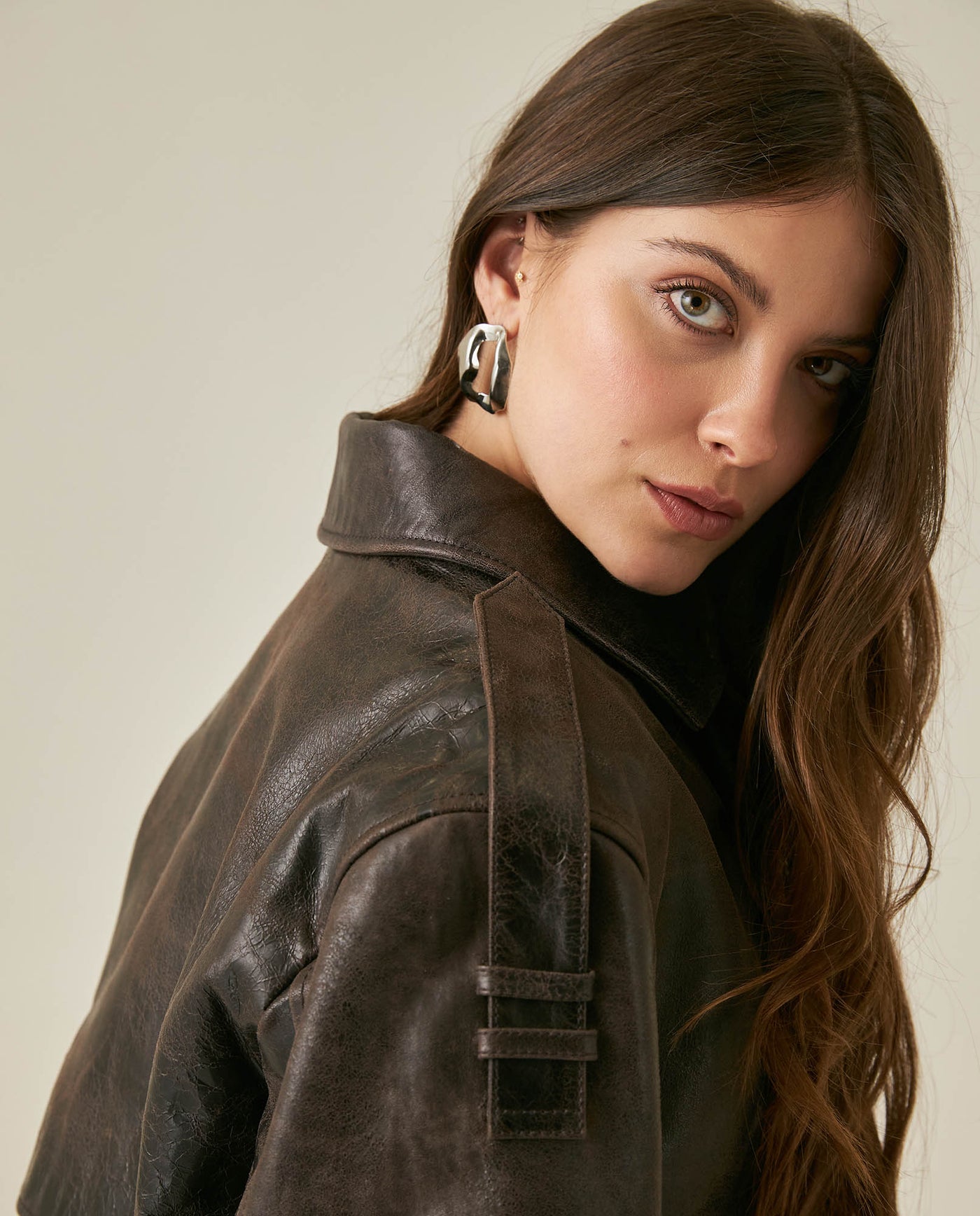 Womens Cropped Leather Trench Jacket - Brown 63_727H202_CAF181033_7