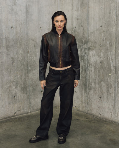 Womens Lambskin Leather Insulated Cropped Jacket - Special Collection - Brown 63_727H505_CAF191317_0