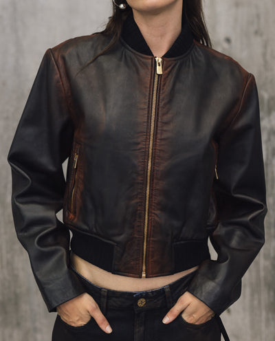 Womens Lambskin Leather Insulated Cropped Jacket - Special Collection - Brown 63_727H505_CAF191317_3
