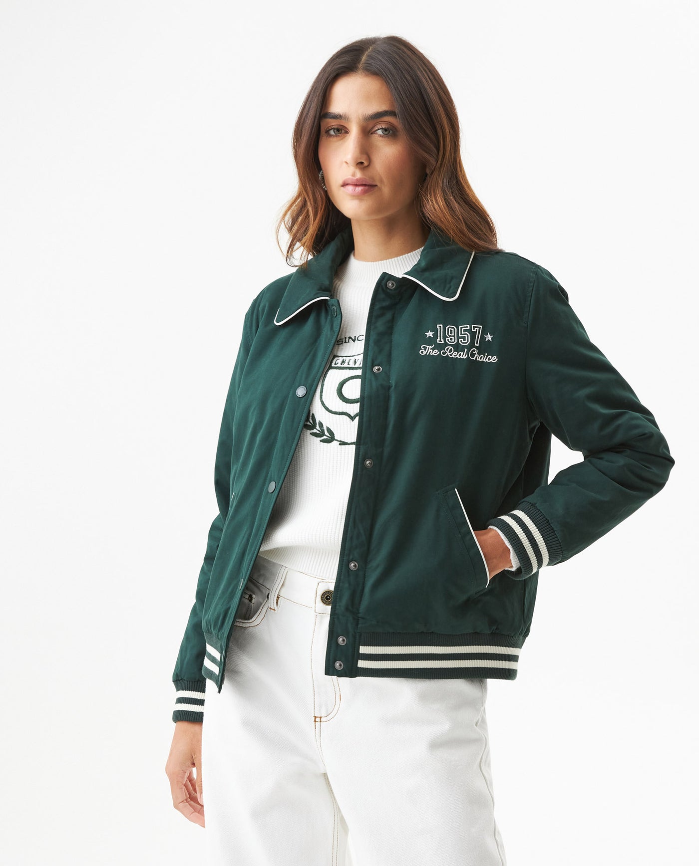 Women's Chenille Embroidered Varsity Bomber in Polyester-Cotton Blend, Ceremony 729G004 - 1