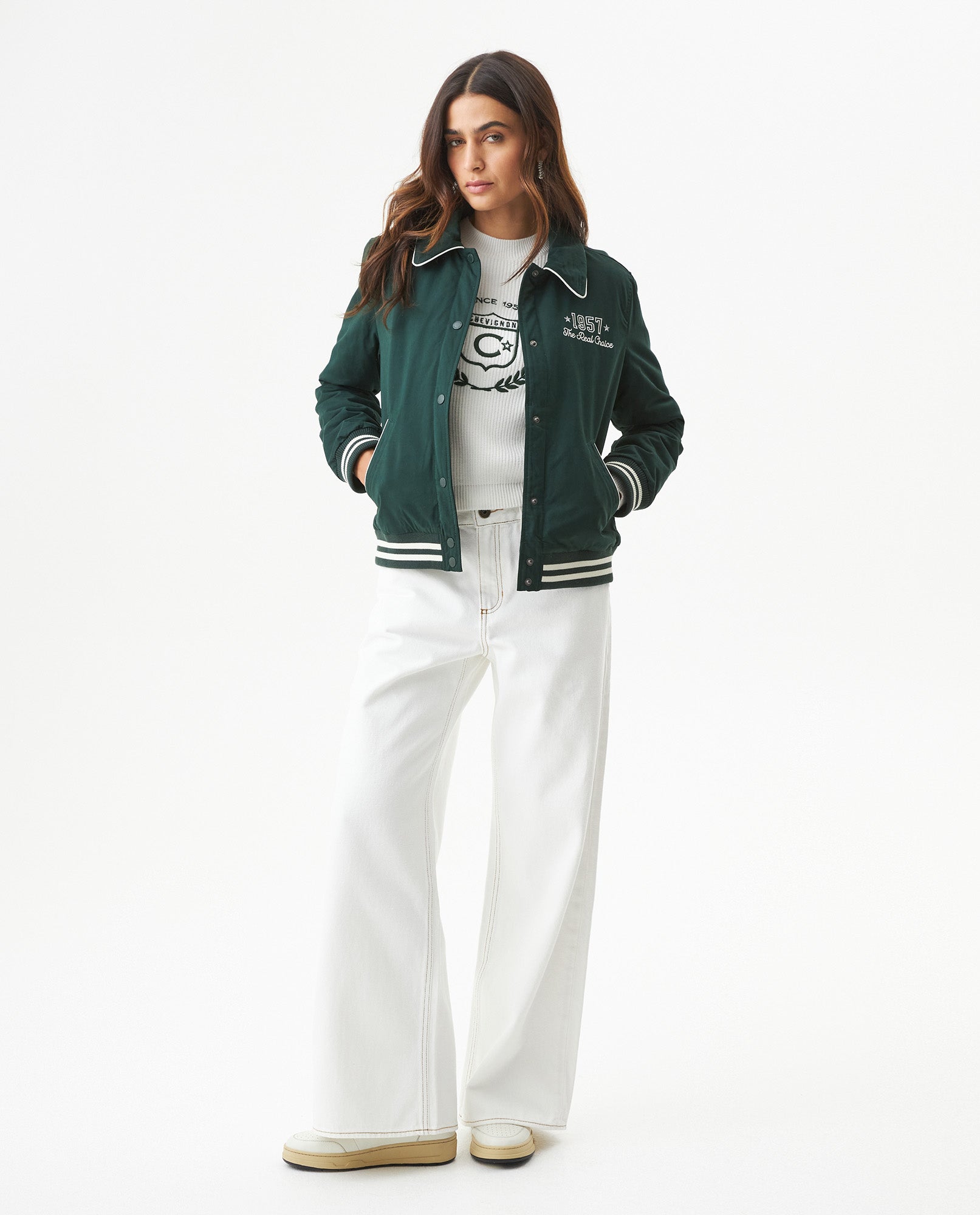 Women's Chenille Embroidered Varsity Bomber in Polyester-Cotton Blend, Ceremony 729G004 - 3