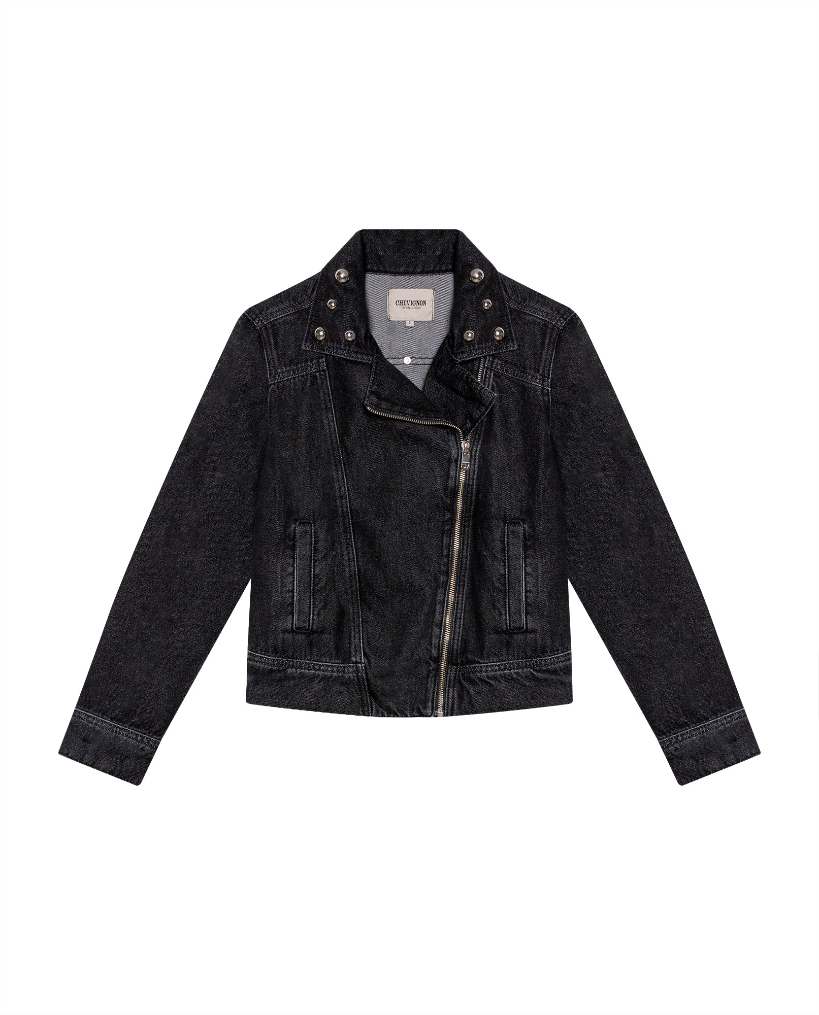 Women's Studded Black Denim Biker Jacket in Lyocell-Cotton Blend, Ballroom 729G007 - 2