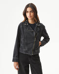 Women's Studded Black Denim Biker Jacket in Lyocell-Cotton Blend, Ballroom 729G007 - 1