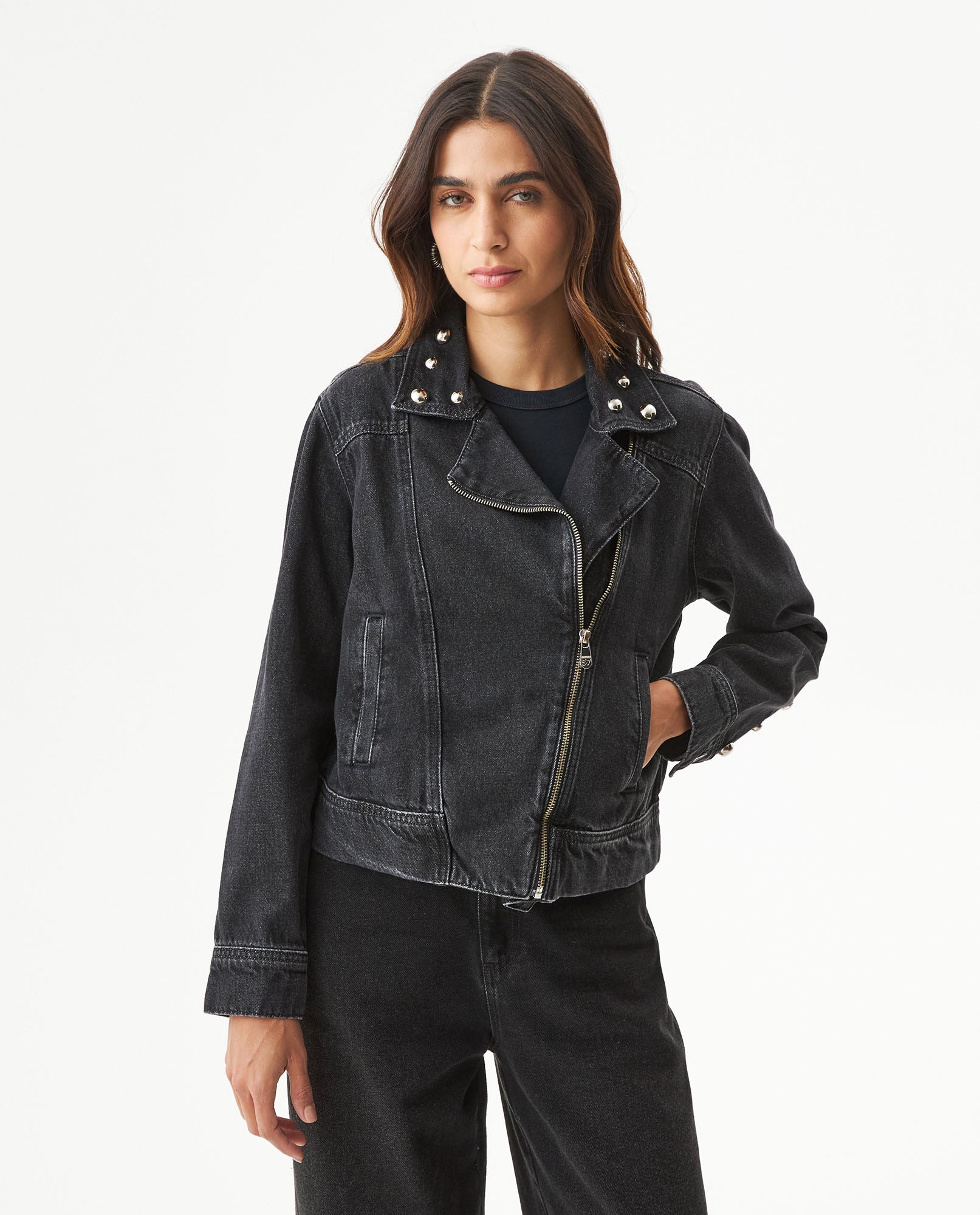 Women's Studded Black Denim Biker Jacket in Lyocell-Cotton Blend, Ballroom 729G007 - 1
