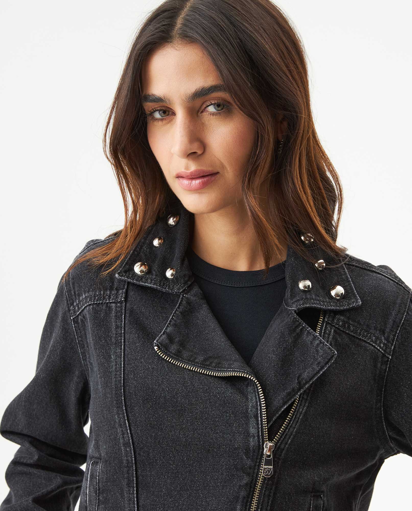 Women's Studded Black Denim Biker Jacket in Lyocell-Cotton Blend, Ballroom 729G007 - 4