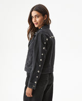 Women's Studded Black Denim Biker Jacket in Lyocell-Cotton Blend, Ballroom 729G007 - 5
