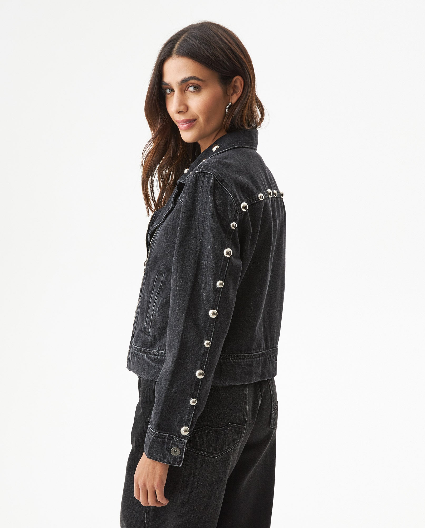 Women's Studded Black Denim Biker Jacket in Lyocell-Cotton Blend, Ballroom 729G007 - 5