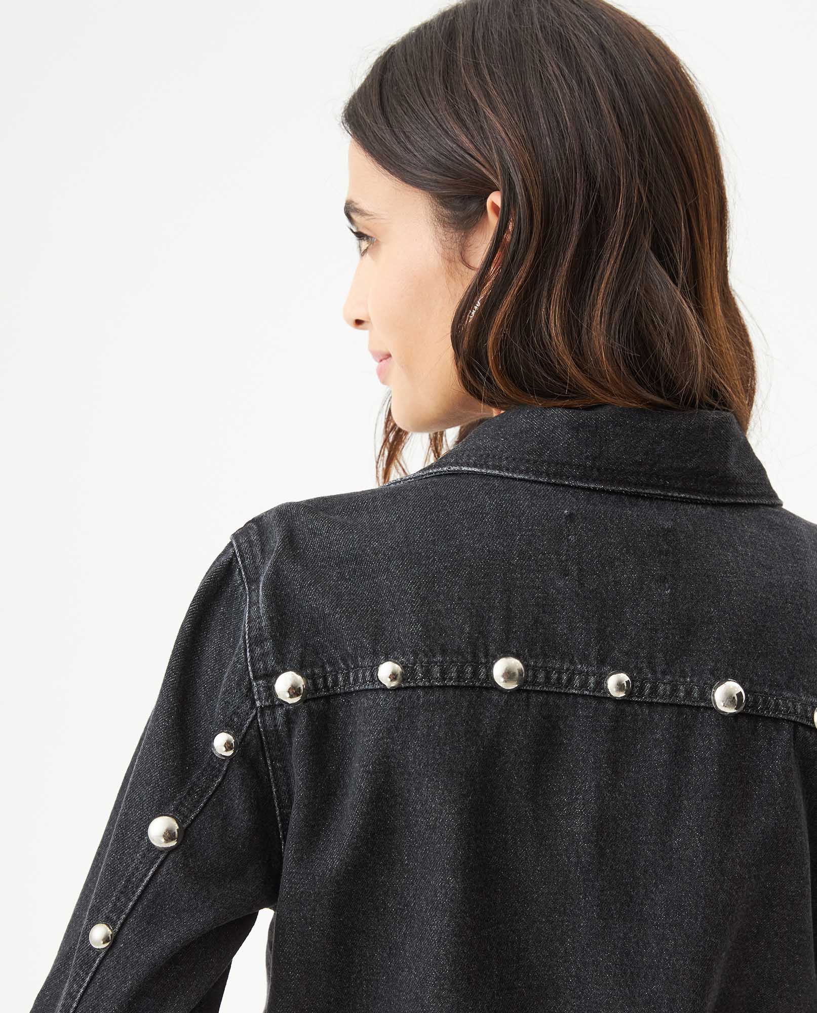 Women's Studded Black Denim Biker Jacket in Lyocell-Cotton Blend, Ballroom 729G007 - 6