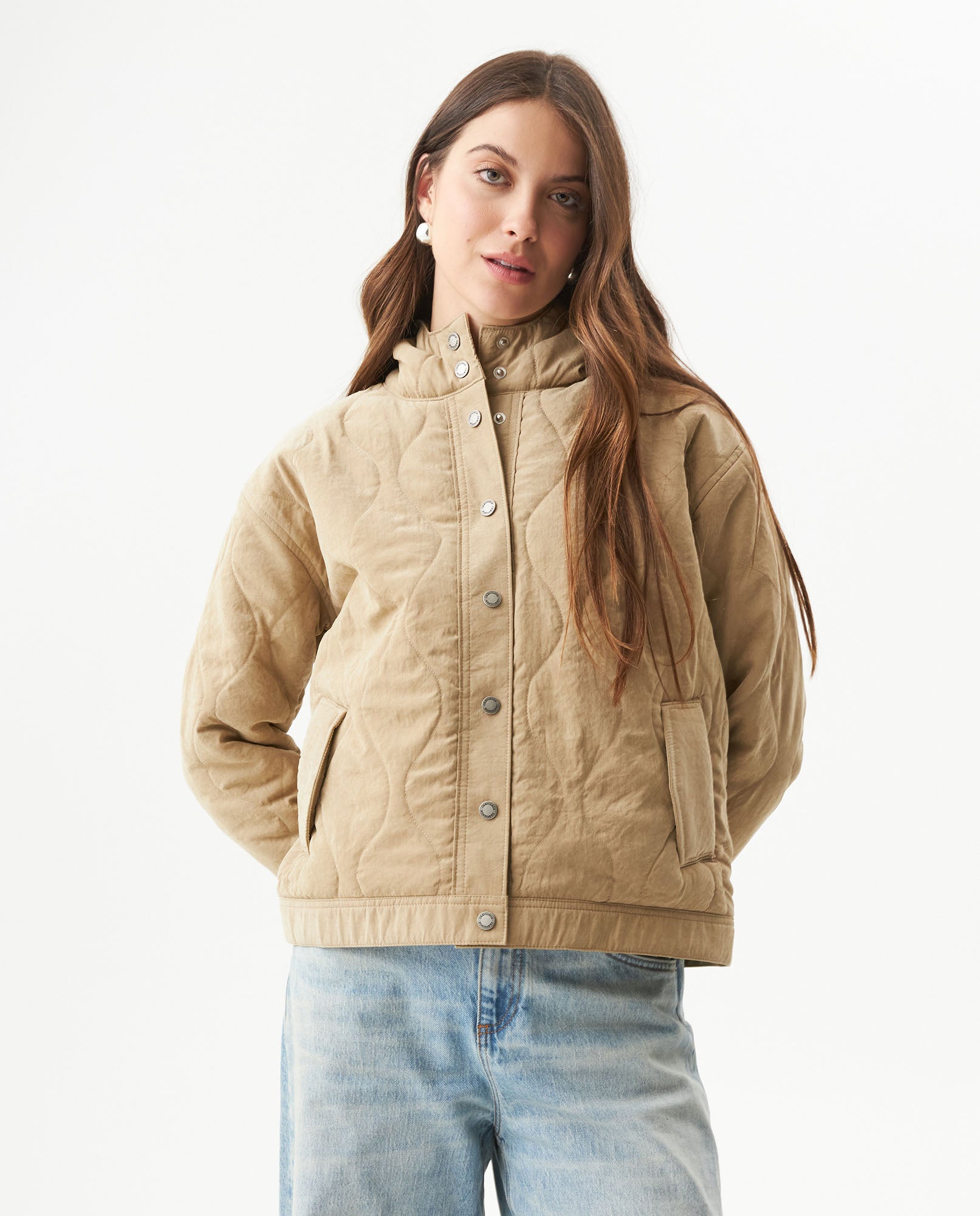 Women's Vertical Wave Quilted Hooded Jacket in Polyester Blend, Heritage - 2