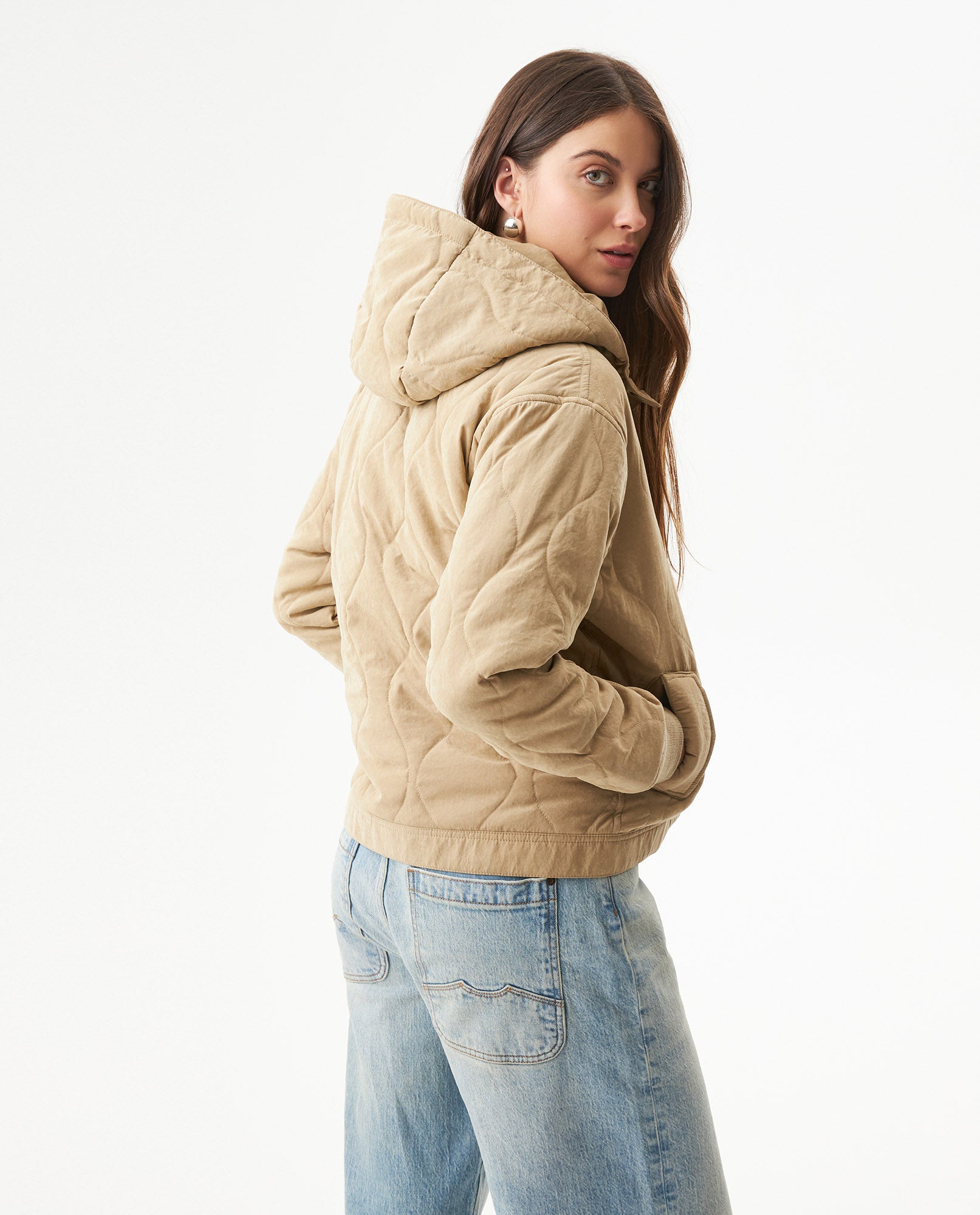 Women's Vertical Wave Quilted Hooded Jacket in Polyester Blend, Heritage - 5