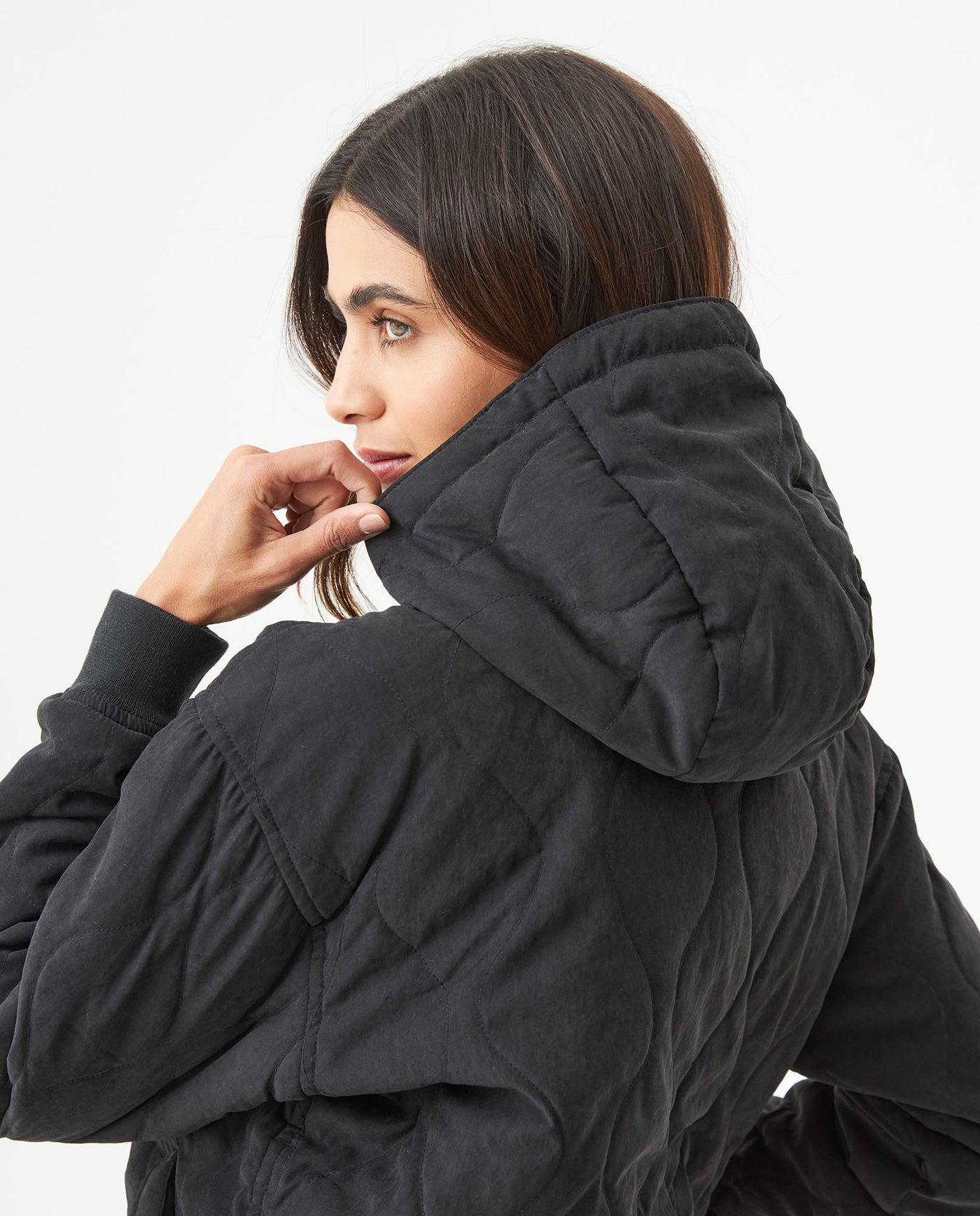 Women's Vertical Wave Quilted Hooded Jacket in Polyester Blend, Heritage - 6
