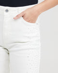 Women's High-Waisted Straight Leg Pants with Cascading Stone Details in Cotton-Elastane - 2