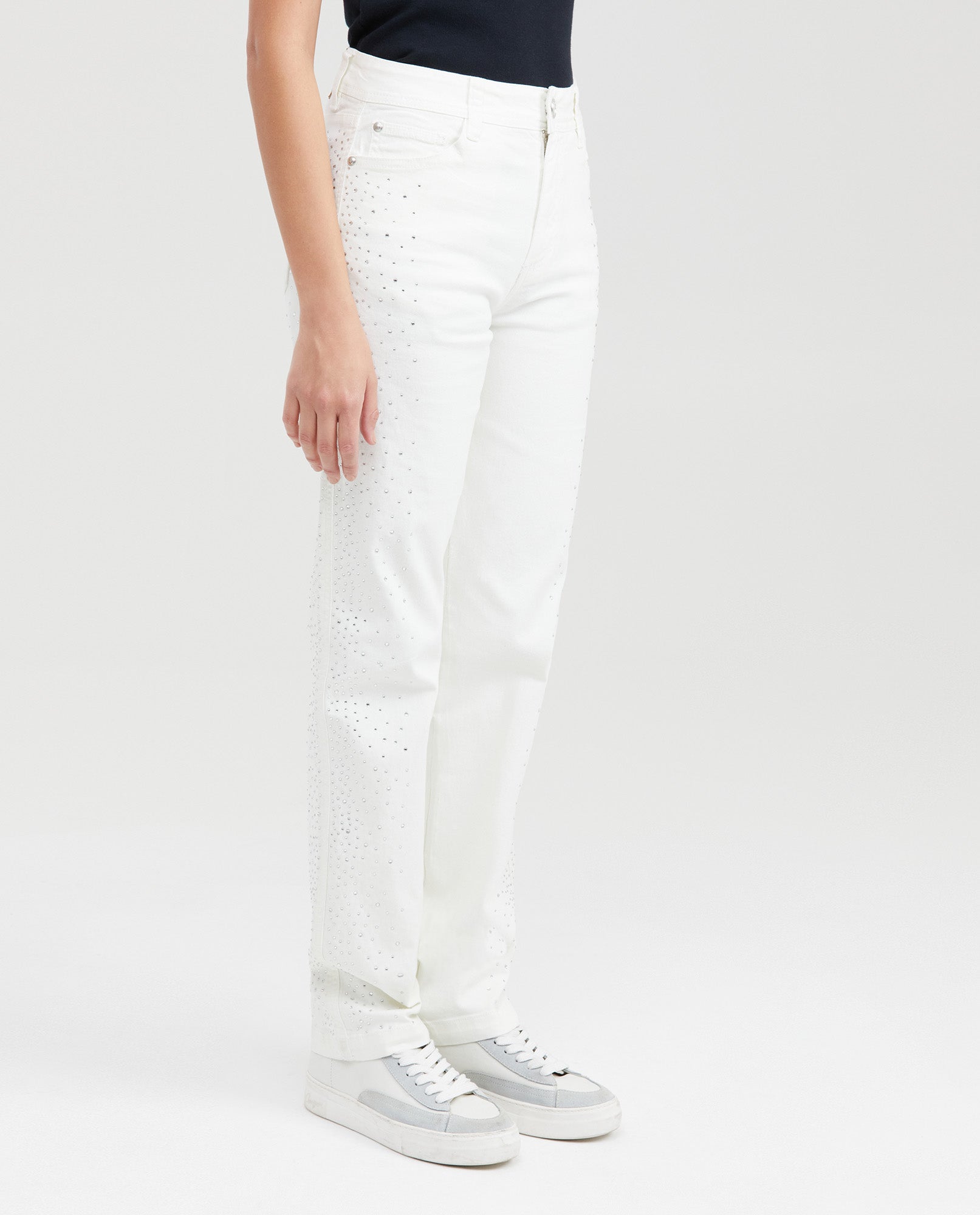 Women's High-Waisted Straight Leg Pants with Cascading Stone Details in Cotton-Elastane - 3