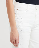 Women's High-Waisted Straight Leg Pants with Cascading Stone Details in Cotton-Elastane - 4