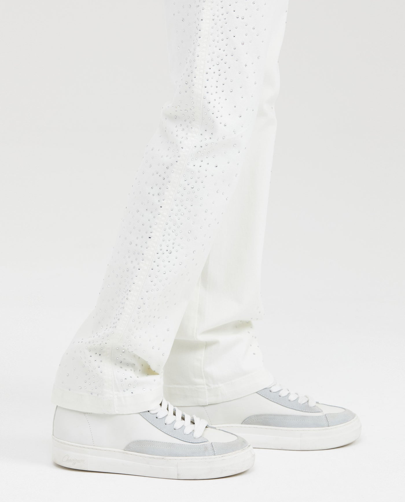 Women's High-Waisted Straight Leg Pants with Cascading Stone Details in Cotton-Elastane - 5