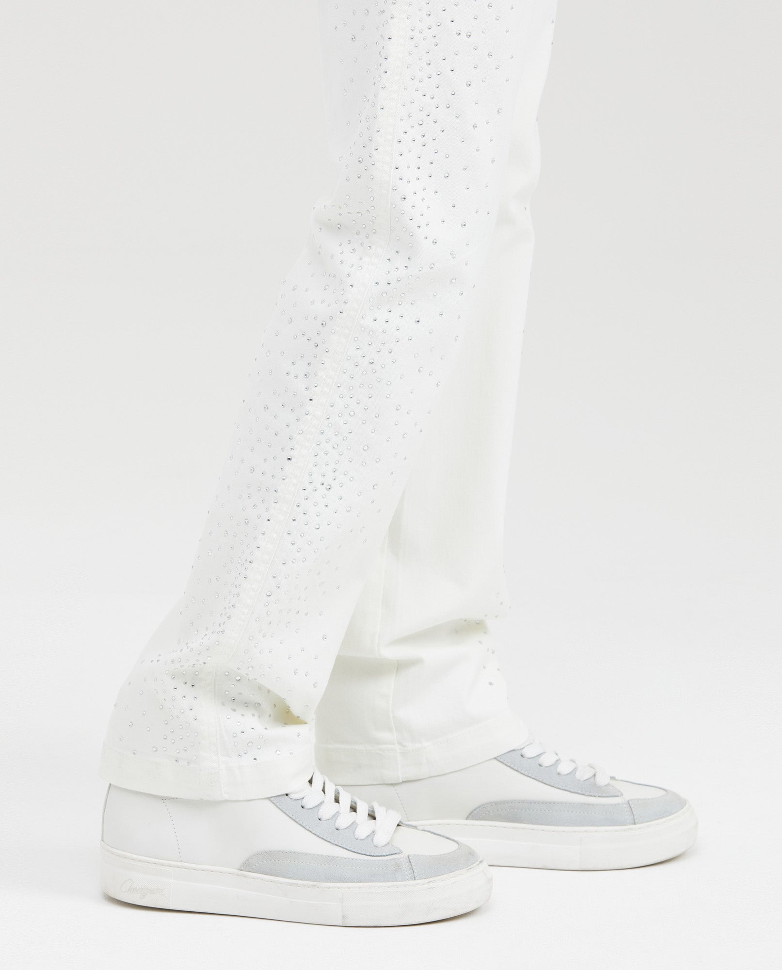 Women's High-Waisted Straight Leg Pants with Cascading Stone Details in Cotton-Elastane - 5