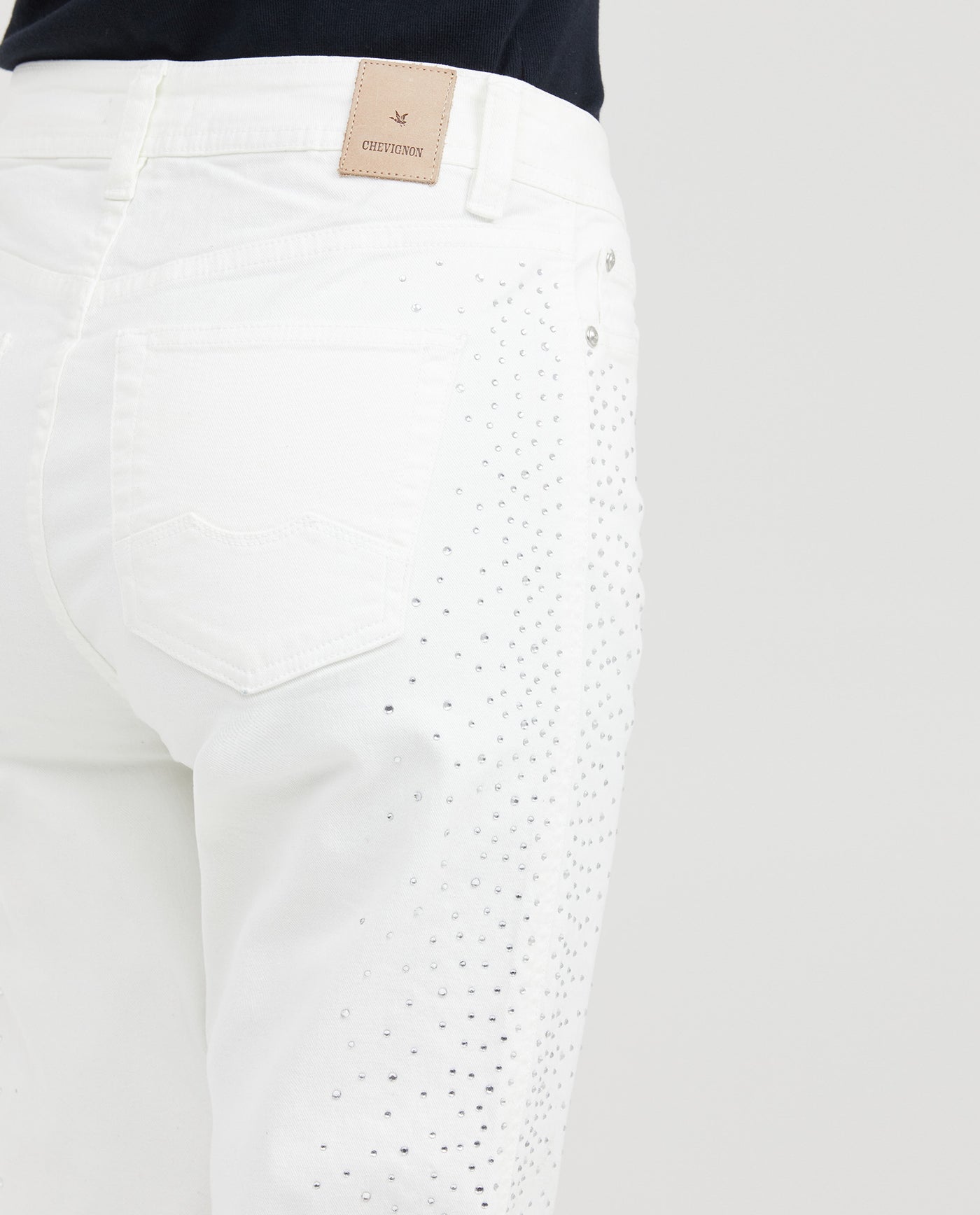 Women's High-Waisted Straight Leg Pants with Cascading Stone Details in Cotton-Elastane - 7