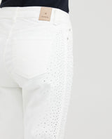 Women's High-Waisted Straight Leg Pants with Cascading Stone Details in Cotton-Elastane - 7