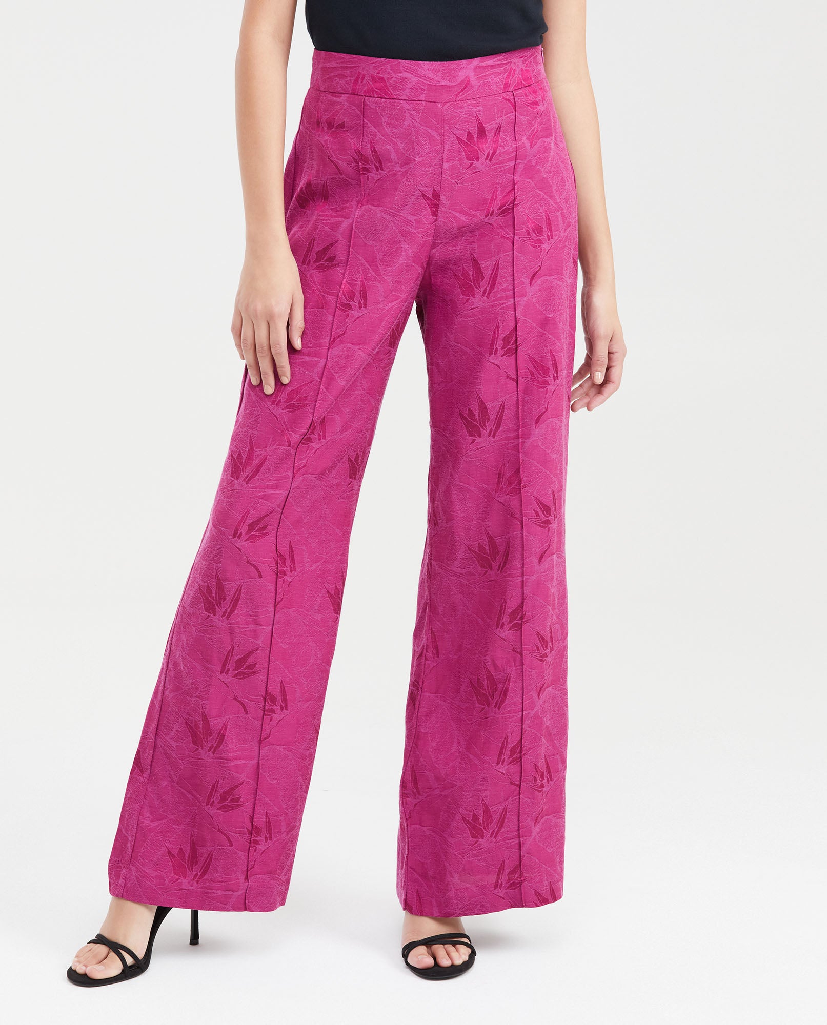 Women's High-Waisted Palazzo Pants with Tonal Foliage Pattern in Cotton-Viscose-Linen - 1