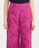 Women's High-Waisted Palazzo Pants with Tonal Foliage Pattern in Cotton-Viscose-Linen - 2
