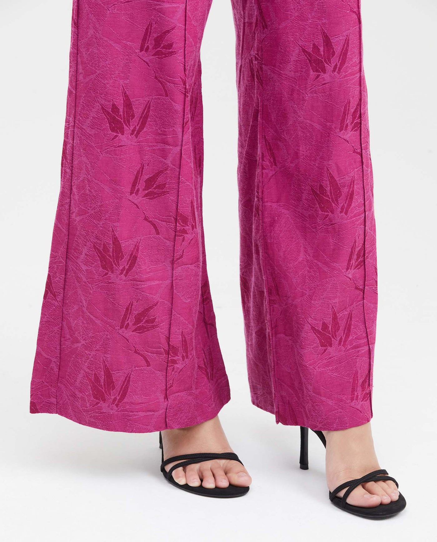 Women's High-Waisted Palazzo Pants with Tonal Foliage Pattern in Cotton-Viscose-Linen - 3